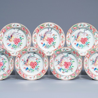 Seven Chinese famille rose plates with flowers and phoenixes, Yongzheng/Qianlong