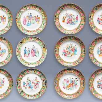 Twelve Chinese Canton Mandarin famille rose plates and soup plates, Daoguang