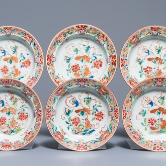 Six Chinese famille rose soup plates with squirrels among grape vines, Qianlong