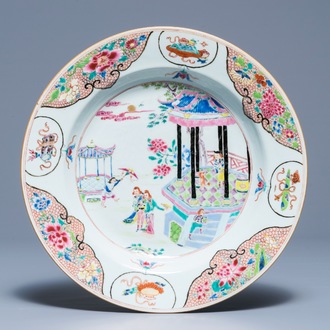 A Chinese famille rose dish with Europeans near a pagoda, Qianlong