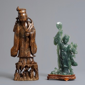 Deux grandes figures en jade et pierre de savon sculptée, Chine, 19/20ème