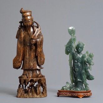 Twee grote Chinese jade en zeepstenen figuren, 19/20e eeuw