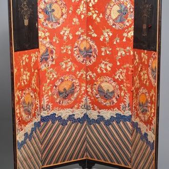 A Chinese folding screen with silk embroidery of phoenixes on a red ground, Qianlong