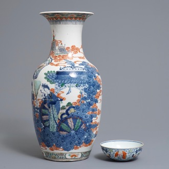 A Chinese famille verte vase and a famille rose bowl, 19th C.