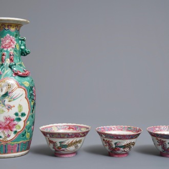 A Chinese Peranakan or Straits market famille rose vase and three bowls, 19th C.