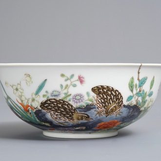 A Chinese famille rose 'quails' bowl, Yongzheng mark, 20th C.