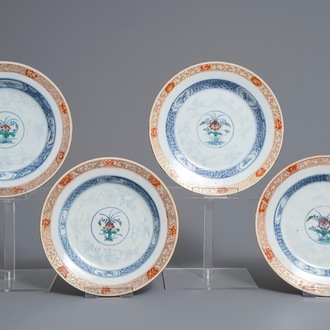 Four Chinese doucai plates with flowers and cranes, Yongzheng