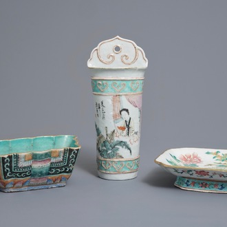 Two Chinese famille rose bowls and a wall hanging vase, 19th C.