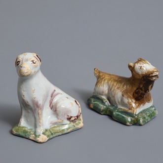 Twee polychrome Delftse miniaturen van een hondje en een geit, 18e eeuw