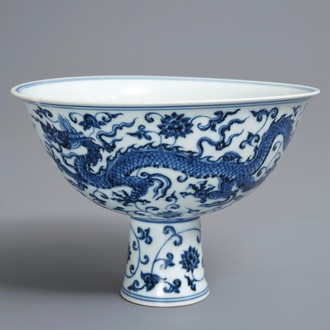 A Chinese blue and white 'dragon' stem cup, Xuande mark, 19/20th C.