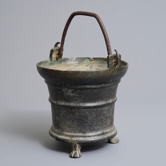 A bronze holy water bucket on lion paw feet, Southern Netherlands, 16th C.