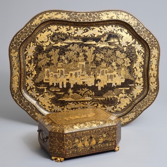 A massive Chinese Canton export lacquer tray and a sewing box, 18/19th C.