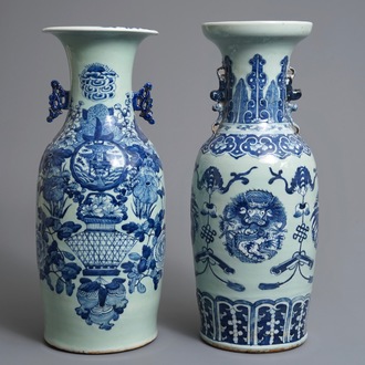 Two Chinese blue and white celadon ground vases, 19th C.