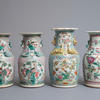 Two Chinese famille rose vases and a pair of Straits or Peranakan vases, 19th C.