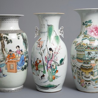 Three Chinese famille rose and qianjiang cai vases, 19/20th C.