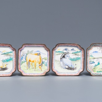 Four Chinese Canton enamel square saucers with horses, 18/19th C.