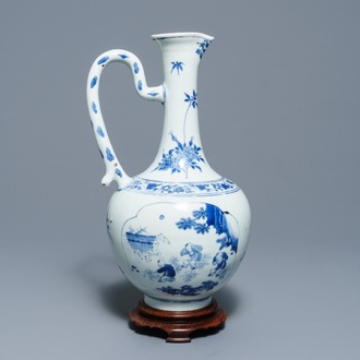 Een Chinese blauwwitte kan met cartouches met figuratief decor, Transitie periode