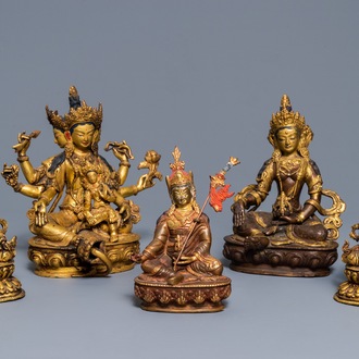 Five Sino-Tibetan gilt bronze Buddha figures, 19/20th C.