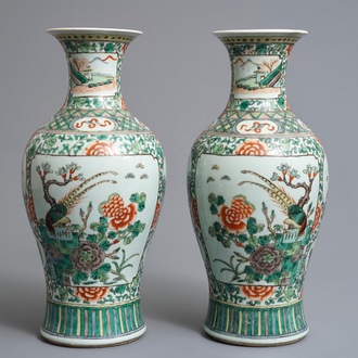 A pair of Chinese famille verte vases with pheasants among flowers, 19/20th C.