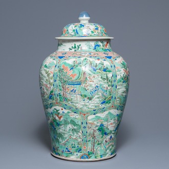 A large Chinese famille verte vase and cover with figures in fluvial landscapes, Kangxi