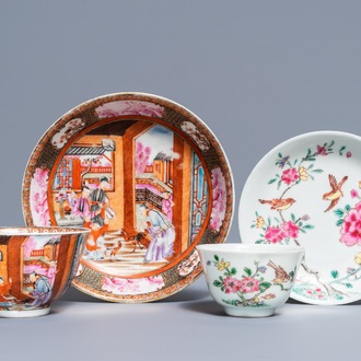 Deux tasses et soucoupes en porcelaine de Chine famille rose, Yongzheng/Qianlong