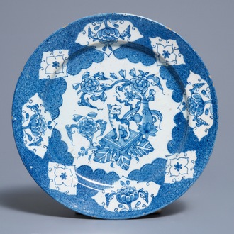 An English Delftware blue and white plate, Bristol or Liverpool, 18th C.