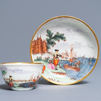 Een Chinese famille rose Meissen-stijl kop en schotel met 'Peter de Grote' decor, Qianlong