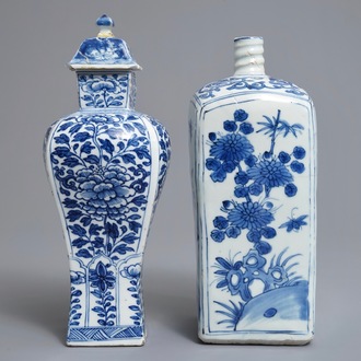 A Chinese blue and white square bottle, Wanli, and a vase and cover, Kangxi