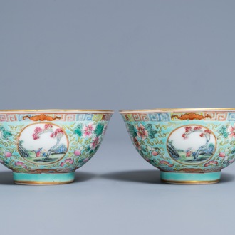 A pair of Chinese famille rose turquoise ground bowls, Republic, 20th C.