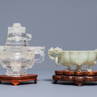 Two Chinese jade and rock crystal censers, 20th C.