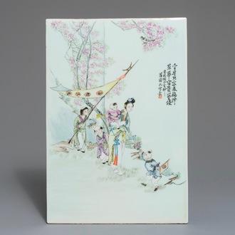 A Chinese famille rose plaque, signed Luo Shu, 20th C.