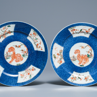 A pair of Chinese famille verte on powder blue ground plates, Kangxi