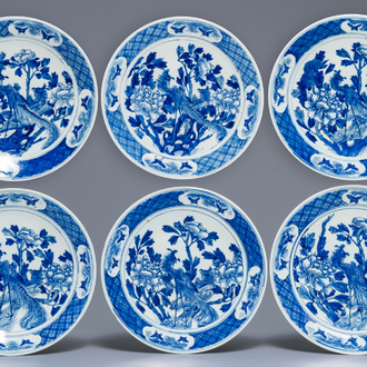 Six plats en porcelaine de Chine bleu et blanc à décor de phénix, 19ème