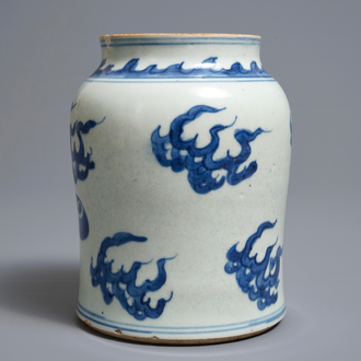 A Chinese blue and white 'clouds and flaming pearls' jar, Transitional period