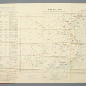 Een grote kaart van China door het Engels oorlogsbureau met spoorwegen, telegrafische lijnen en havens, ca. 1911
