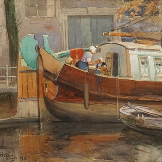 Van Acker, Flori (1858-1940): Une vue sur le Quai Vert à Bruges, aquarelle sur papier, signé et daté 1897