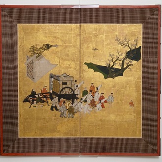 Un écran byobu à deux feuilles à décor de voyageurs dans un paysage, Japon, Edo, 17/18ème