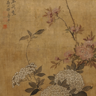 Yun Shouping (1633–1690): Branches fleuries, encre et couleur sur papier, 17e eeuw