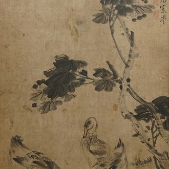Yang Han (1812-1879): Quatre oies et branches d'hibiscus, encre et couleur sur papier