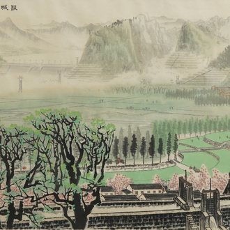 Bai Xueshi (1915-2011) et Hou Dechang (1934): Une vue sur la muraille de Chine, encre et couleur sur papier, datée 1974