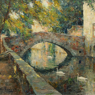 Verbrugghe, Charles (1877-1974): Une vue sur le pont 'Meebrug' à Bruges, huile sur panneau