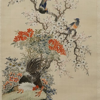 Ecole chinoise: Oiseaux auprès de branches fleuries, aquarelle et encre sur soie, 18/19ème