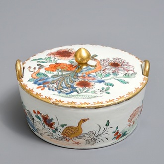 A polychrome petit feu and gilded Dutch Delft famille rose-style butter tub, 18th C.