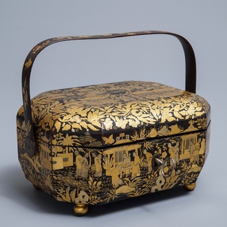 A Chinese black and gilt-lacquer covered box with handle, Canton, 19th C.