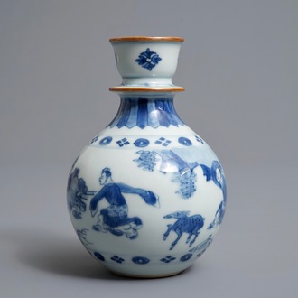 A Chinese blue and white figurative huqqa base, Kangxi