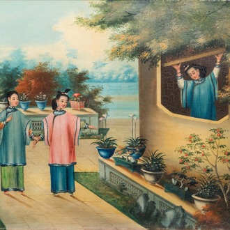 École anglo-chinoise pour l'exportation, huile sur toile: 'Dames sur une terrasse', Canton, 19ème