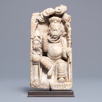 A Chinese carved soapstone relief of Zhenwu, 18/19th C.