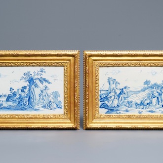 A pair of fine Dutch Delft blue and white romantic scene plaques, 18th C.