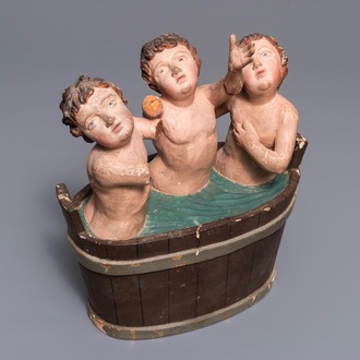 Un groupe en bois sculpté et polychromé 'Les enfants de Saint-Nicolas', 18ème