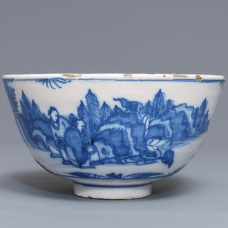 Een blauwwitte Delftse kom met chinoiserie decor, 17e eeuw